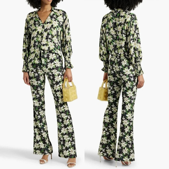 Alice + Olivia Julius Collared Blouse & Olivia Bootcut Pant in Leaf Green - Picture 1 of 8